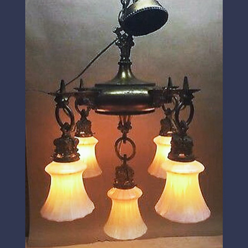 Antique chandelier with american art glass  Steuben shades 
