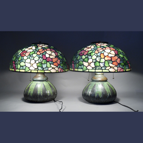 Matched Pair of Paul Crist Tiffany floral leaded glass table lamps