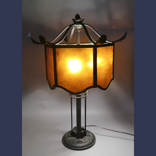 Antique bronze Asian style mica shade lamp