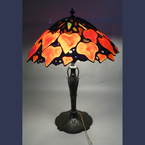 Vintage  red leaf stained ,leaded glass lamp