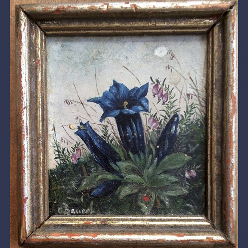 Antique miniature 3 Inch Bavarian German oil painting of mountain flowers