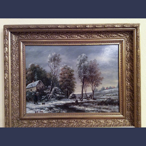 Antique oil paintings . European winter snow Landscape in Gilt Gesso wood frame . C 1900