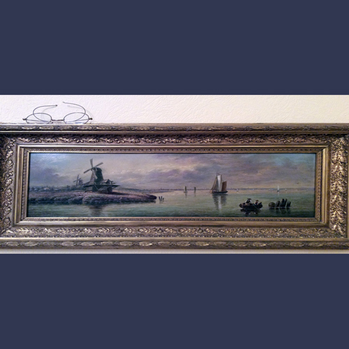 Antique European oil painting seascape Dutch windmills.