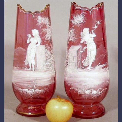 Victorian cranberry Mary Gregory glass vases 